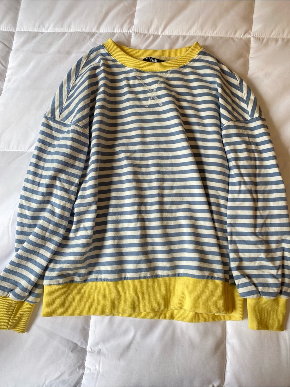 Striped Blue & Cream Crewneck Sweater with Yellow Trim